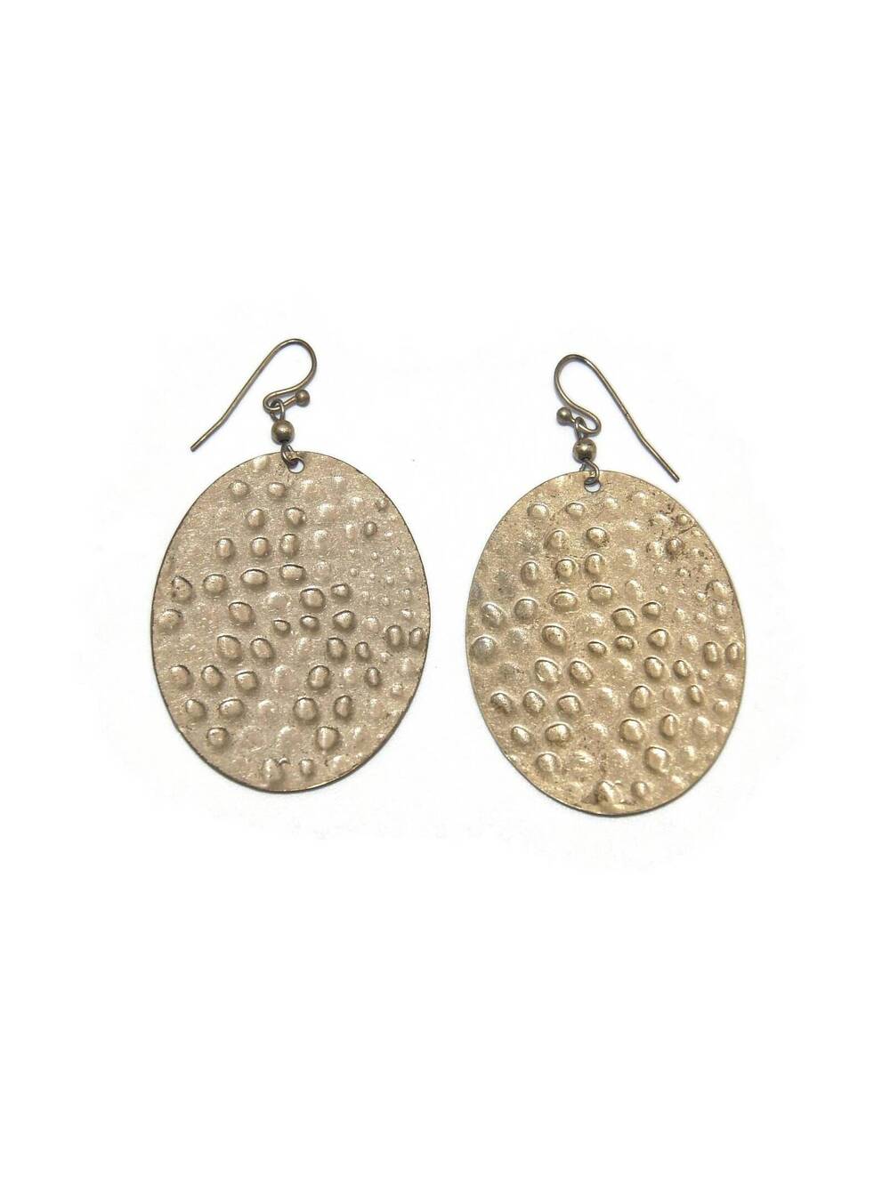 Vintage Hammered Gold Tone Oval Dangle Earrings with French Ear Wire Backs.